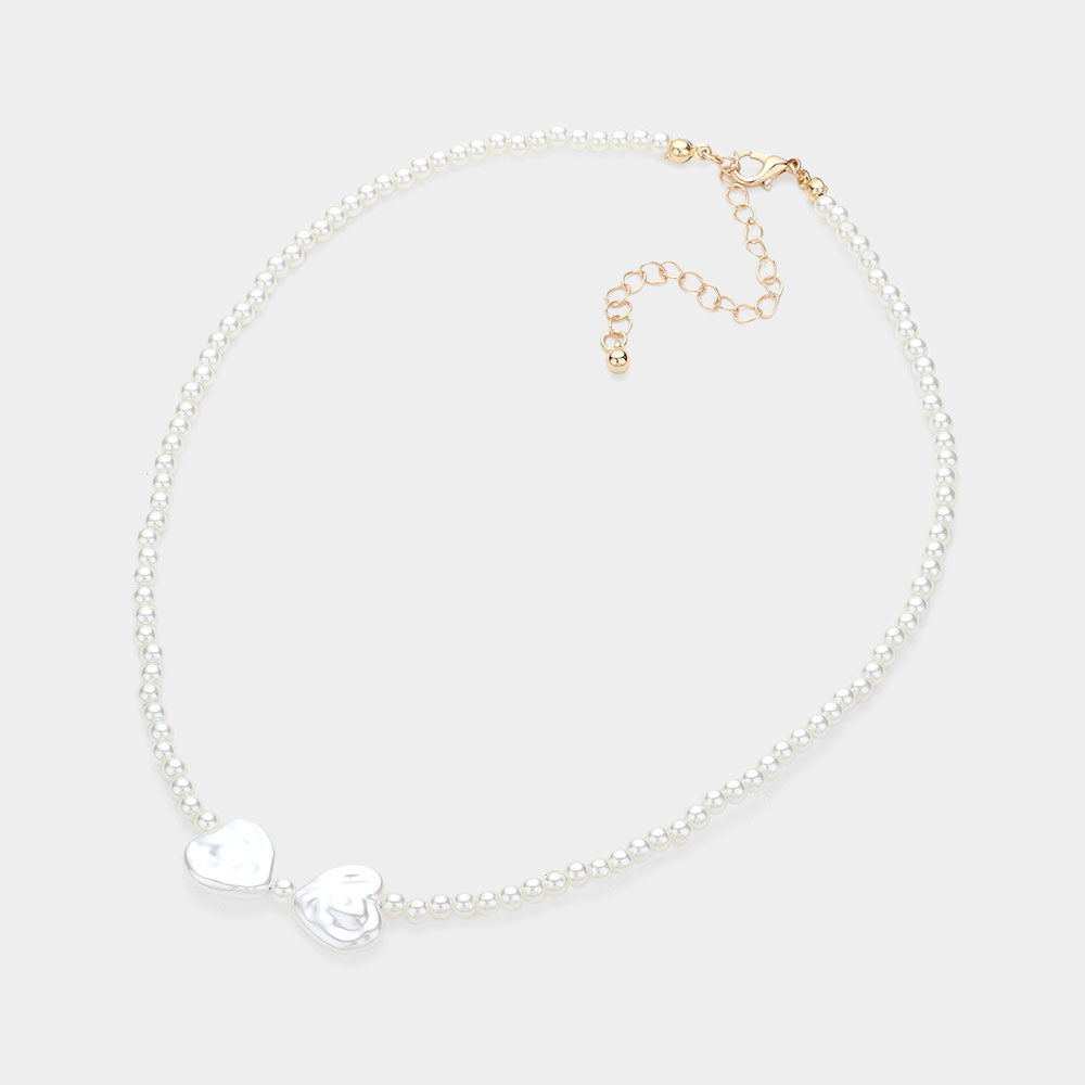Pearl Heart Pointed Necklace - Cream Gold - Necklaces
