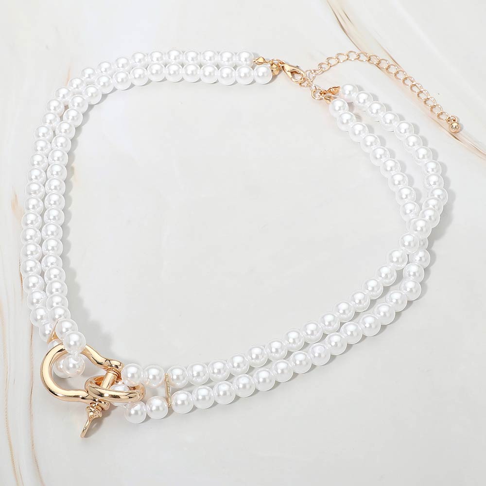 Madeline Love Cream, Gold Carabiner Accent Double Layered Pearl Necklace