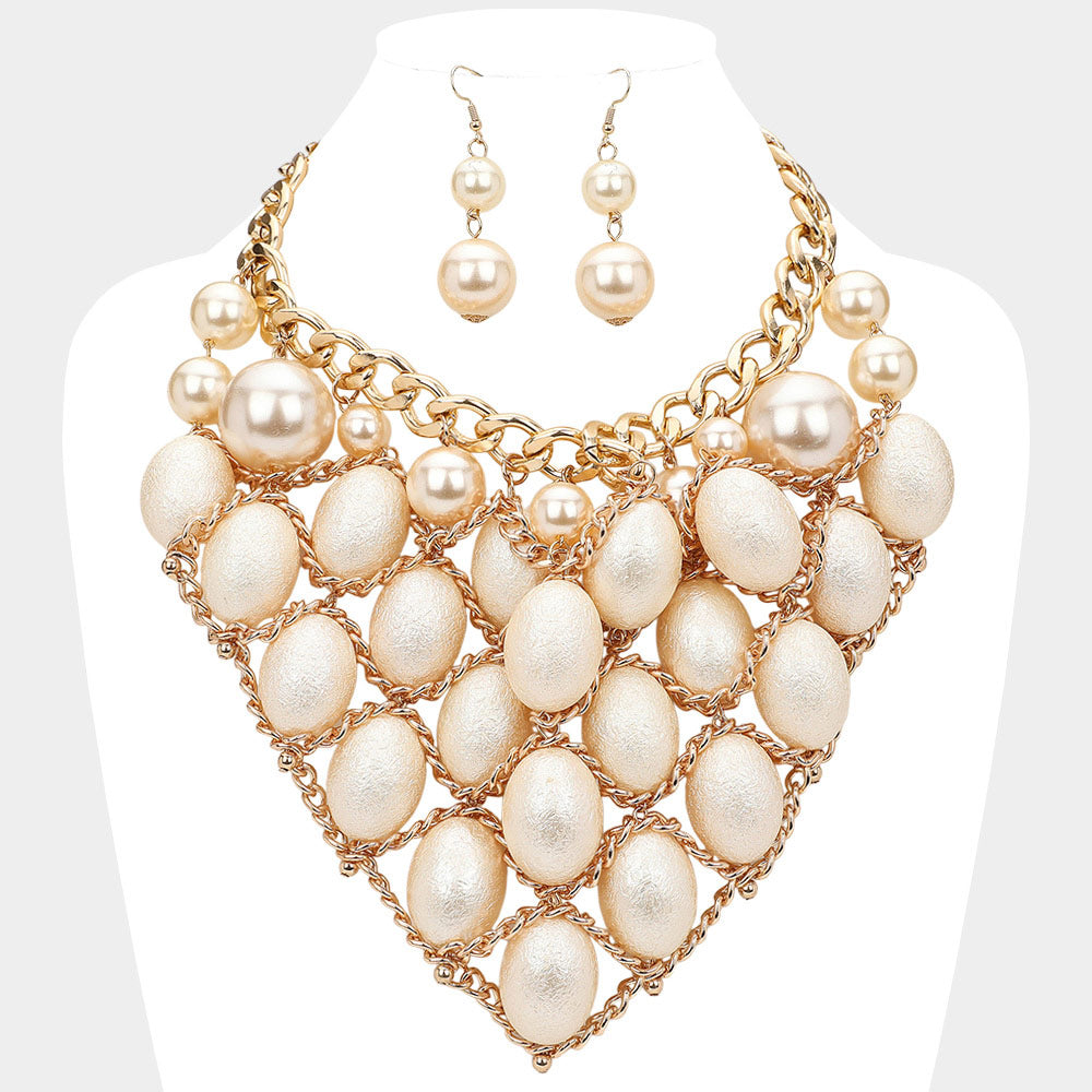 Madeline Love Cream, Gold Pearl Chain Link Statement Bib Necklace - Necklaces