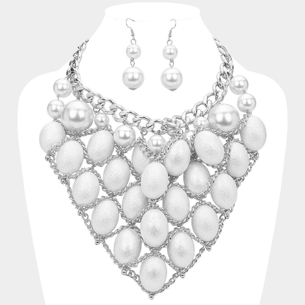 Madeline Love Rhodium, White Pearl Chain Link Statement Bib Necklace - Necklaces