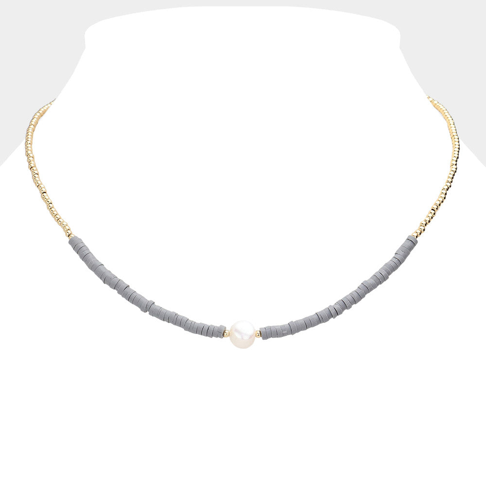 Madeline Love Gray Freshwater Pearl Accented Metal Ball Heishi Beaded Necklace - Necklaces - extra