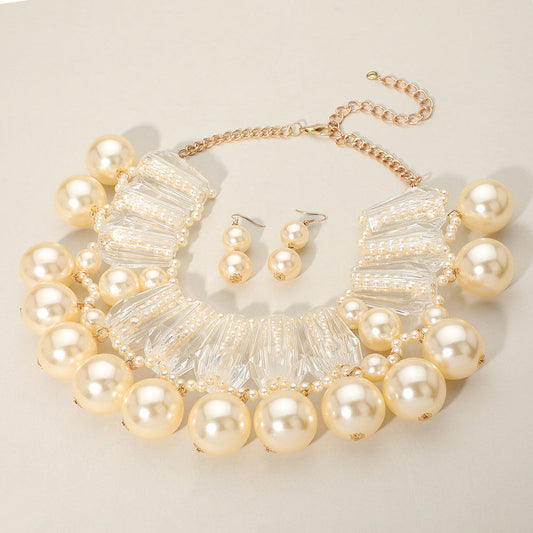 Madeline Love Clear, Cream Chunky Celluloid Acetate Bar Pearl Statement Necklace - Necklaces