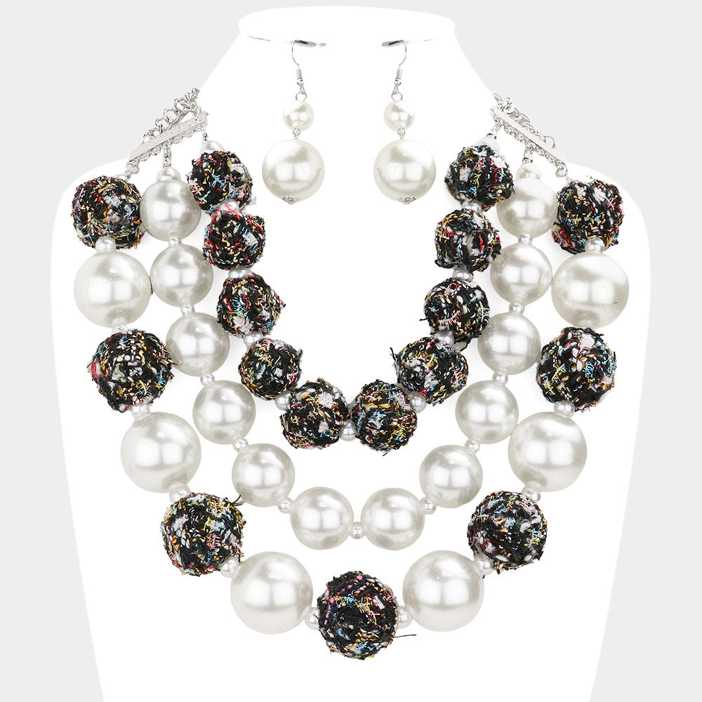 Madeline Love Black Tweed Fabric Ball Pearl Triple Layered Bib Necklace - Necklaces