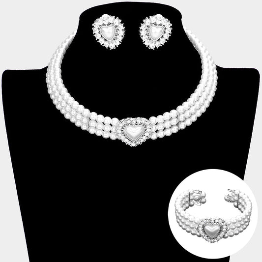 Madeline Love White 3PCS - Pearl Heart Pendant 3-Row Choker Necklace Jewelry Set - Necklaces