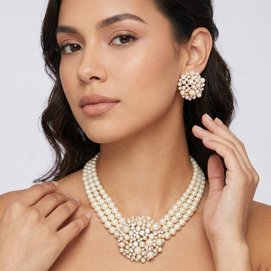 Madeline Love Cream, Gold Triple Strand Bubble Stone Pearl Cluster Dome Necklace