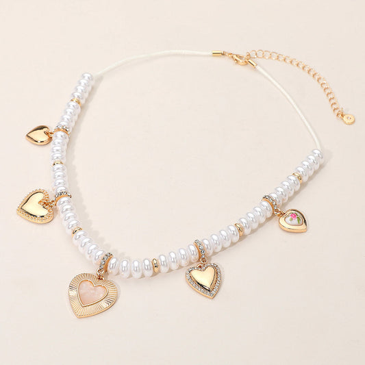 Madeline Love Cream, Gold Multi Heart Charm Station Pearl Beaded Necklace - Necklaces