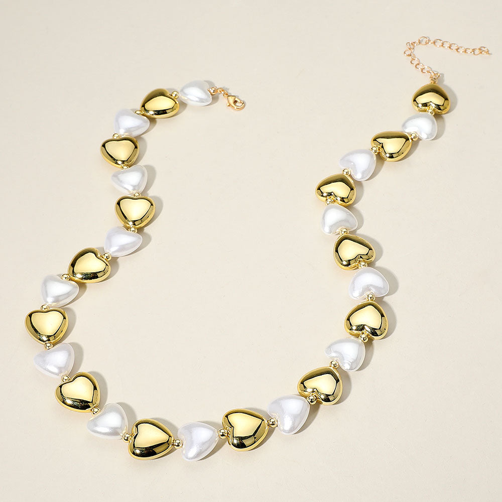 Madeline Love Cream, Gold Pearl Metal Heart Beaded Necklace - Necklaces