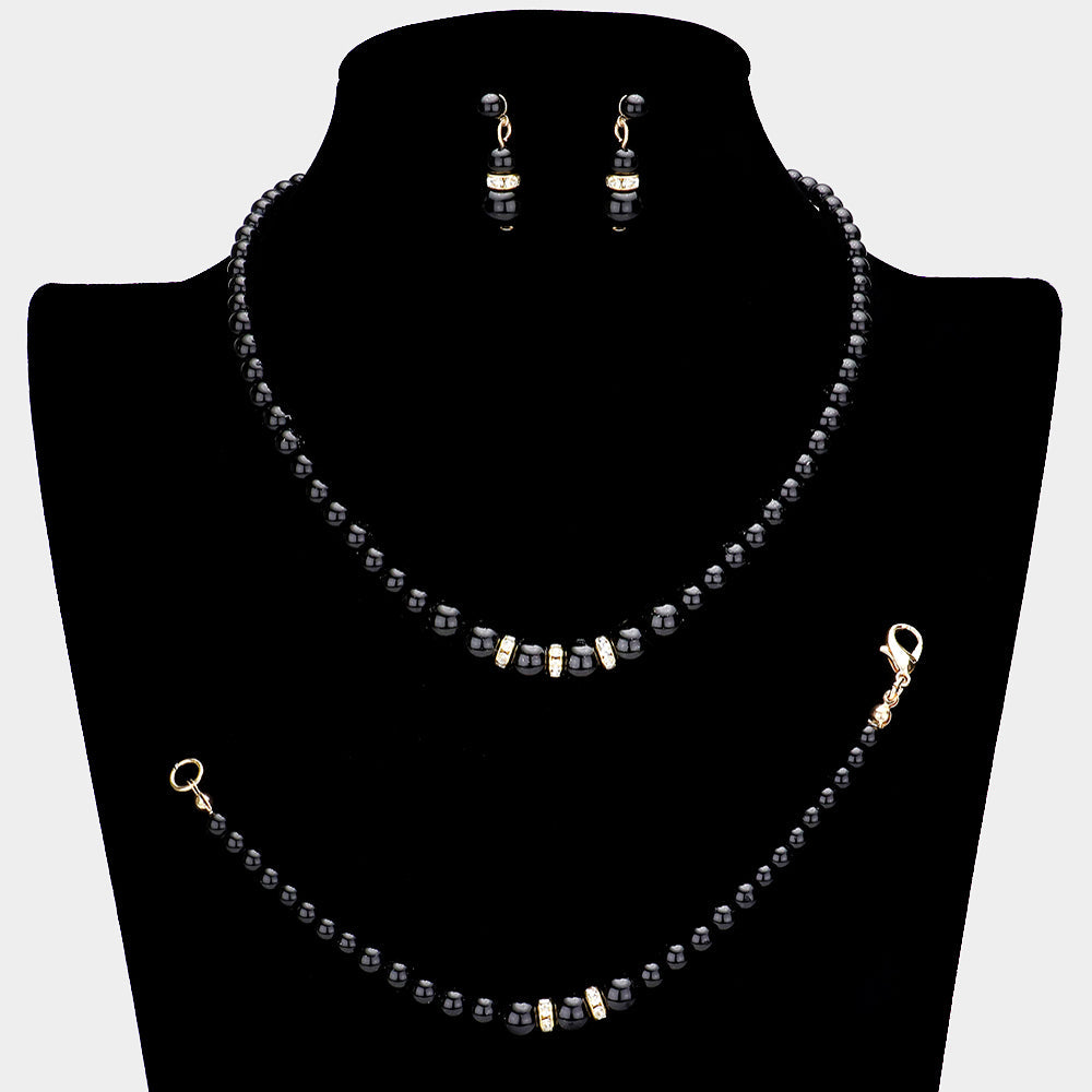Madeline Love Black 3PCS Crystal Detail Pearl Necklace Jewelry Set - Necklaces