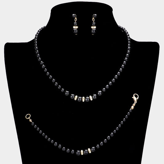 Madeline Love Black 3PCS Crystal Detail Pearl Necklace Jewelry Set - Necklaces