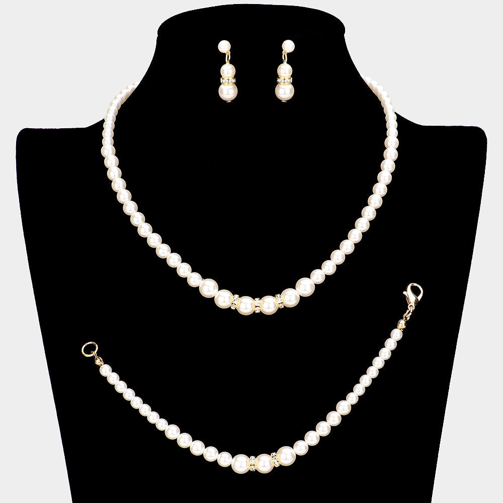 Madeline Love Cream 3PCS Crystal Detail Pearl Necklace Jewelry Set - Necklaces