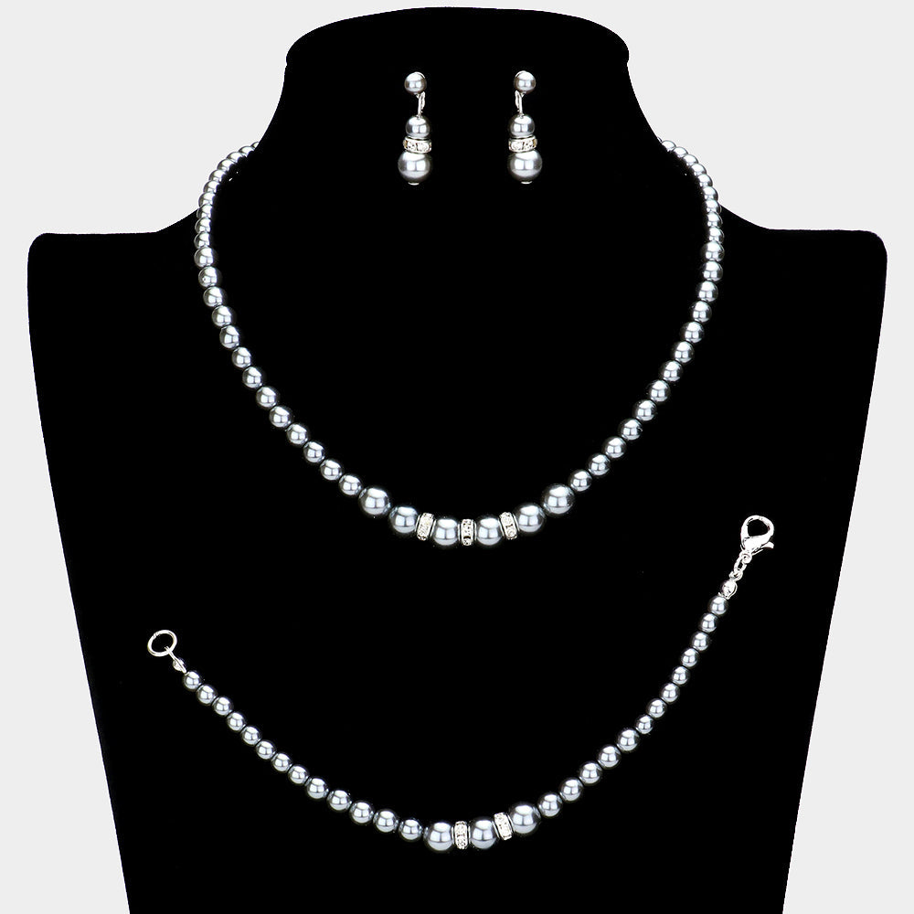 Madeline Love Hematite 3PCS Crystal Detail Pearl Necklace Jewelry Set - Necklaces