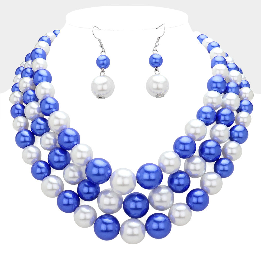 Madeline Love Blue, White 3Row Strand Pearl Necklace - Necklaces