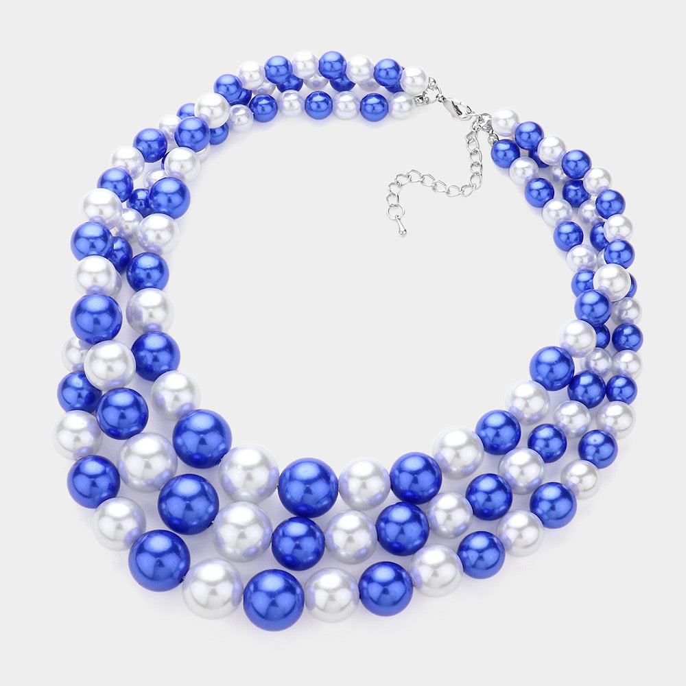 Madeline Love Blue, White 3Row Strand Pearl Necklace - Necklaces - desc