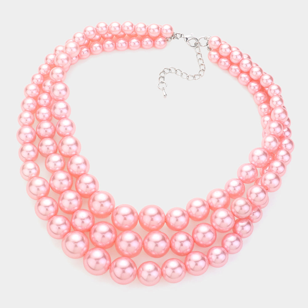 Madeline Love Pink 3Row Strand Pearl Necklace - Necklaces - desc
