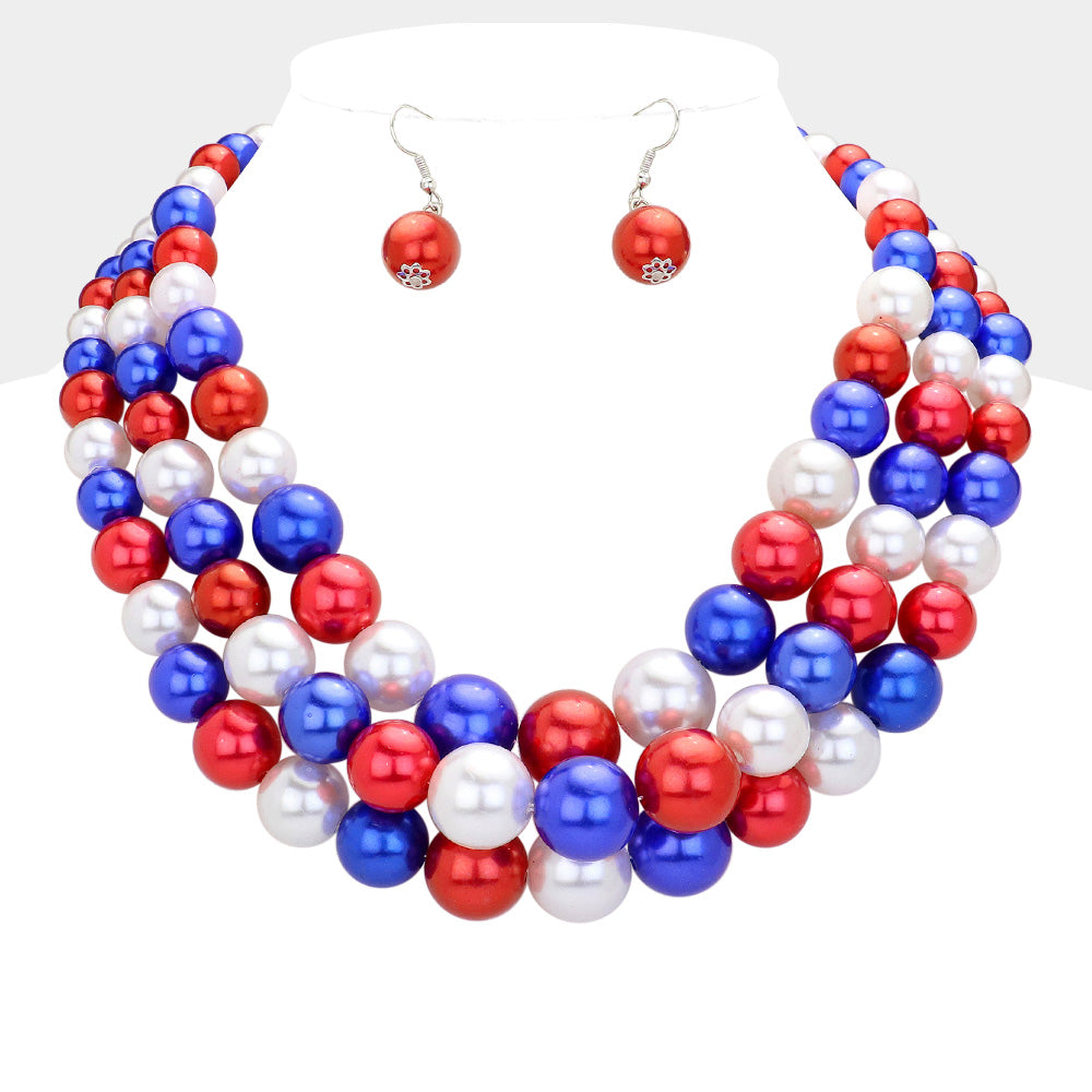 Madeline Love Blue, Red, White 3Row Strand Pearl Necklace - Necklaces