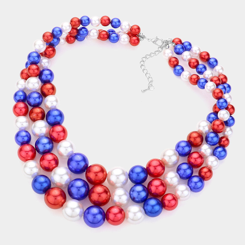 Madeline Love Blue, Red, White 3Row Strand Pearl Necklace - Necklaces - desc