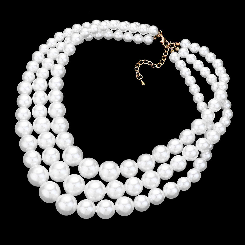 Madeline Love White 3Row Strand Pearl Necklace - Necklaces - desc
