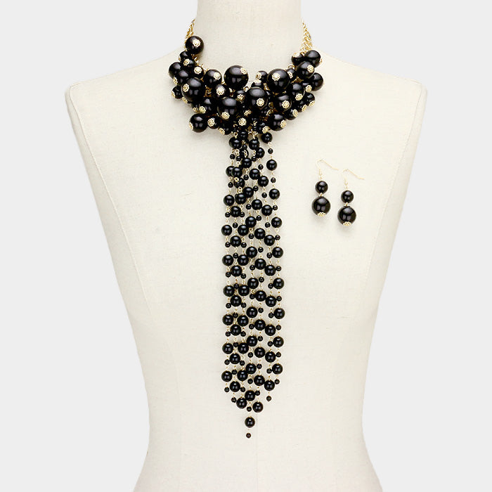 Madeline Love Black, Gold Pearl Cluster Vine Fringe Bib Necklace - Necklaces