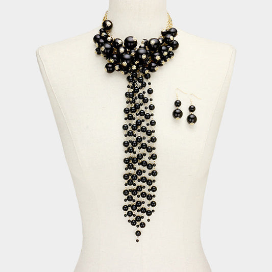 Madeline Love Black, Gold Pearl Cluster Vine Fringe Bib Necklace - Necklaces