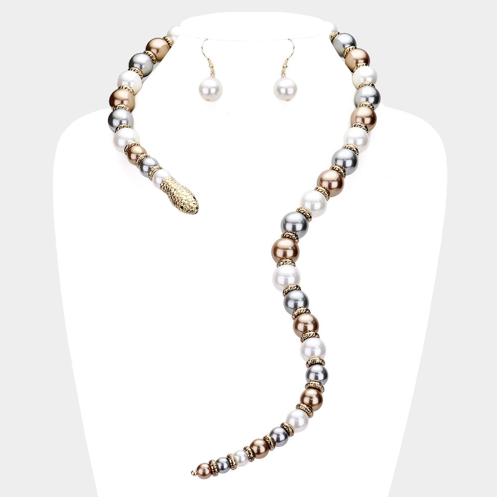 Madeline Love Brown, Gold, Gray, White Pearl Beaded Snake Open Necklace - Necklaces