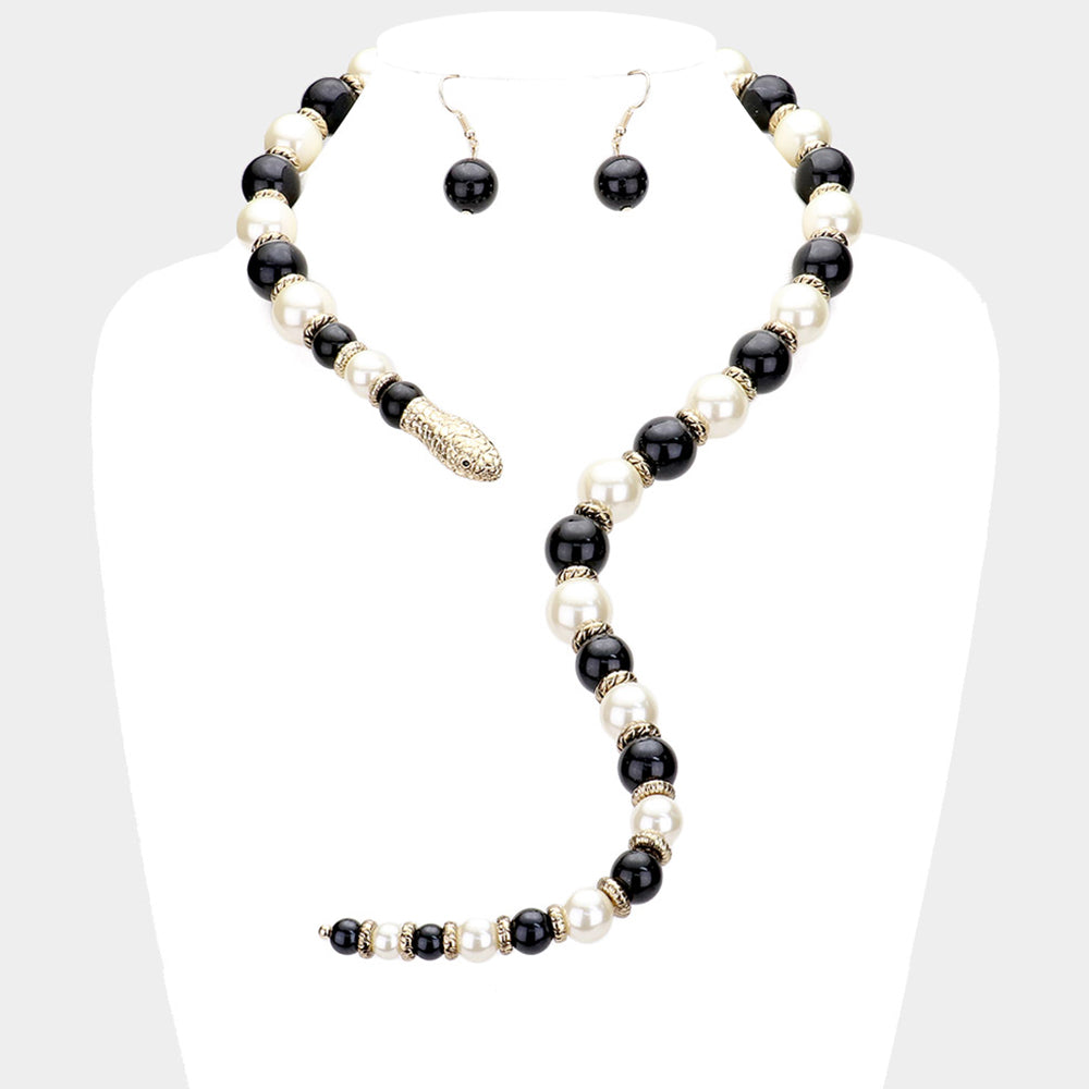 Madeline Love Black, Cream Pearl Beaded Snake Open Necklace - Necklaces