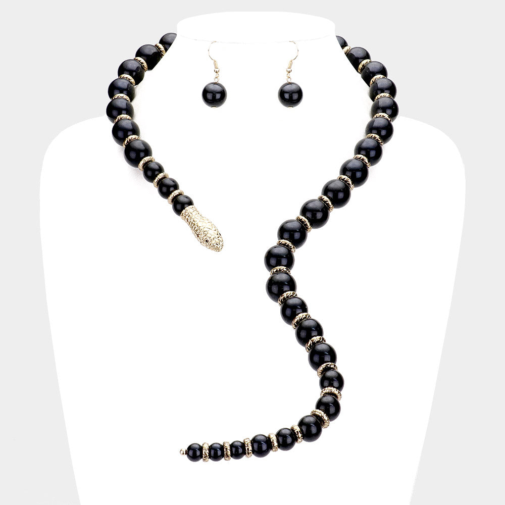 Madeline Love Black, Gold Pearl Beaded Snake Open Necklace - Necklaces