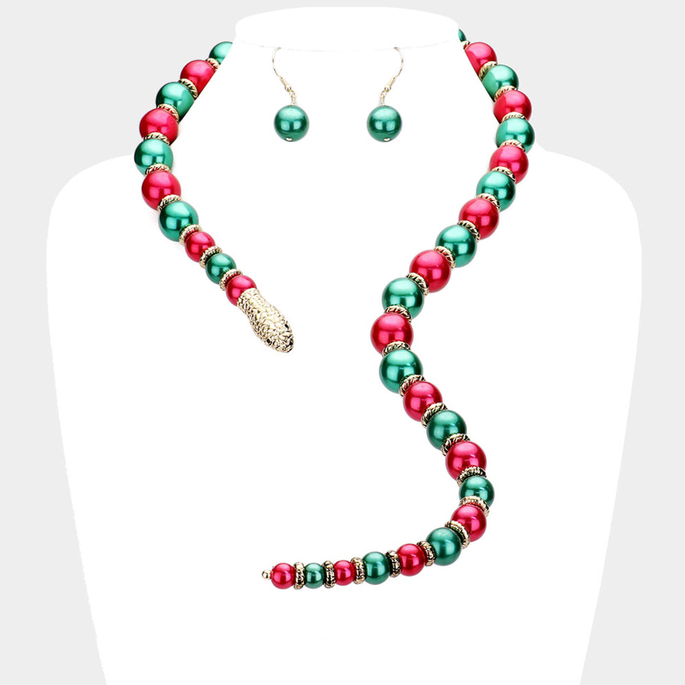 Madeline Love Green, Red Pearl Beaded Snake Open Necklace - Necklaces