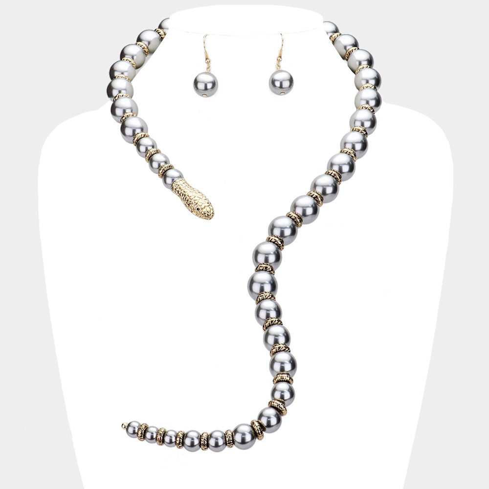 Madeline Love Gray, Rhodium Pearl Beaded Snake Open Necklace - Necklaces