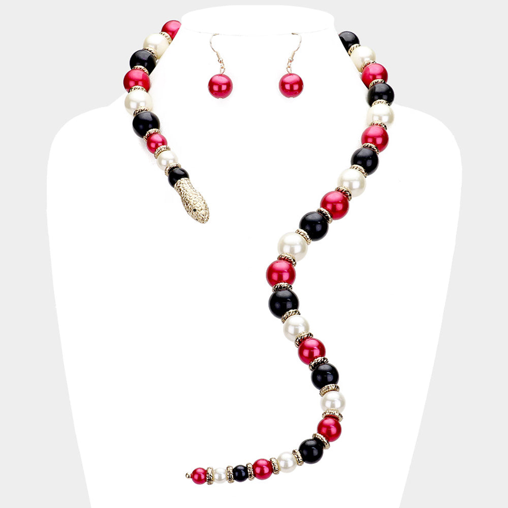 Madeline Love Gold, Multi Pearl Beaded Snake Open Necklace - Necklaces