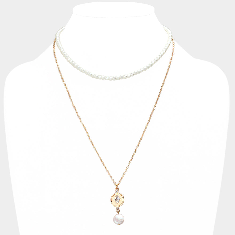 Madeline Love Cream Rhinestone Embellished Hamsa Hand Freshwater Pearl Link Double Layered Necklace