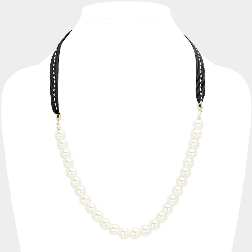 Madeline Love Black, Cream Ribbon Pearl Necklace - Necklaces