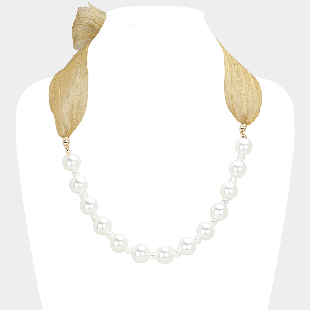Madeline Love Beige, White Ribbon Pearl Necklace - Necklaces