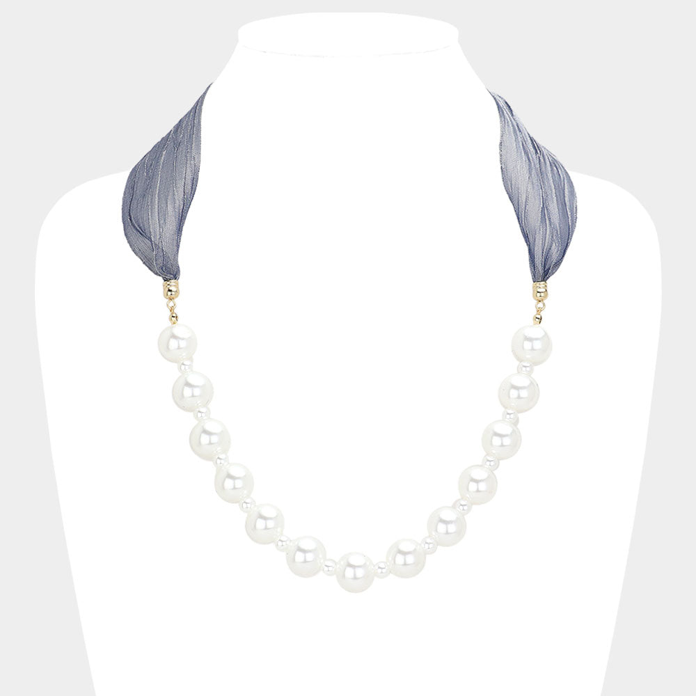 Madeline Love Blue, White Ribbon Pearl Necklace - Necklaces