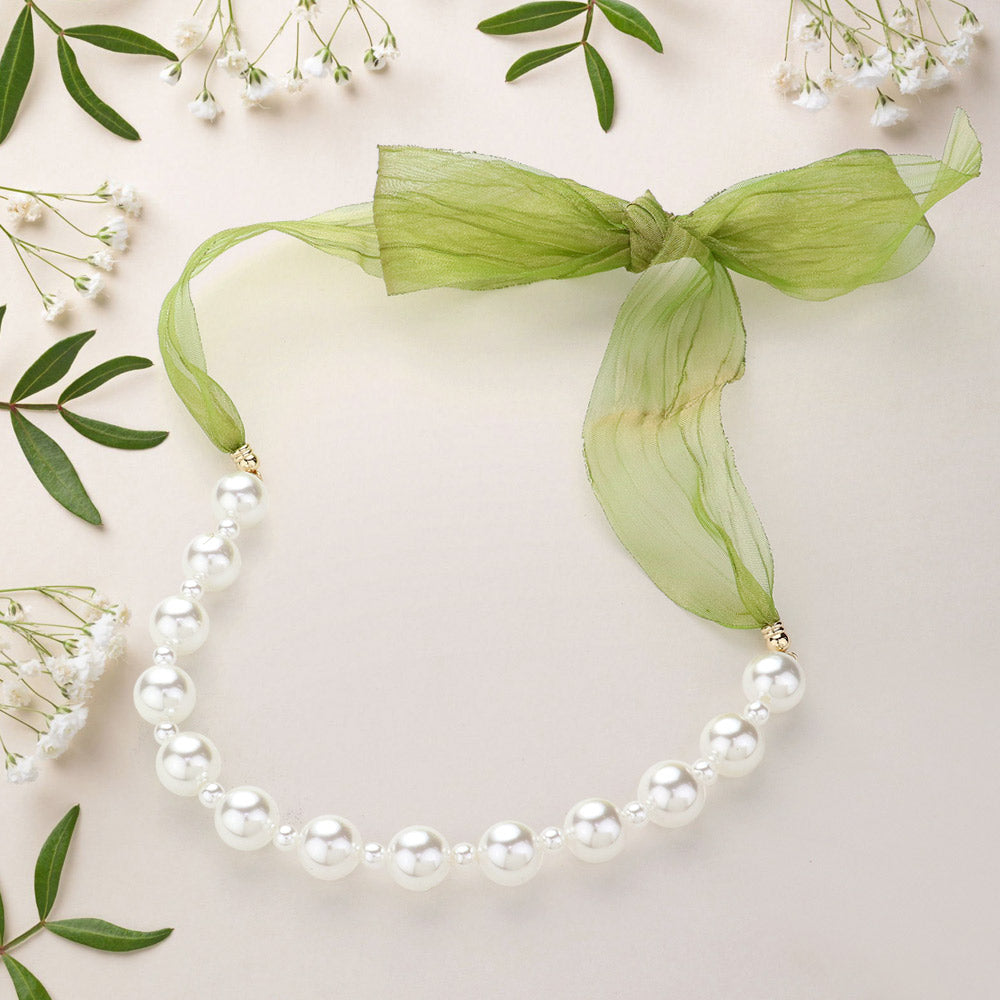 Madeline Love Green, White Ribbon Pearl Necklace - Necklaces