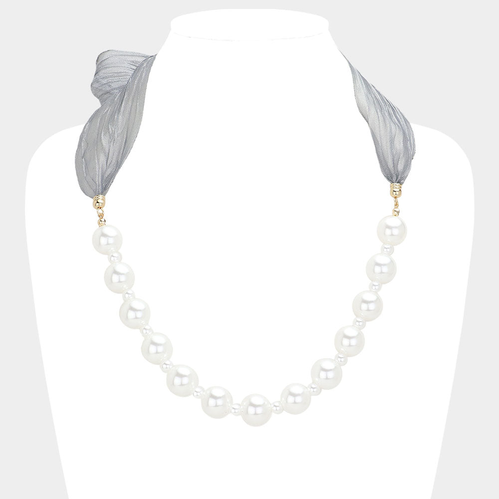Madeline Love Gray, White Ribbon Pearl Necklace - Necklaces
