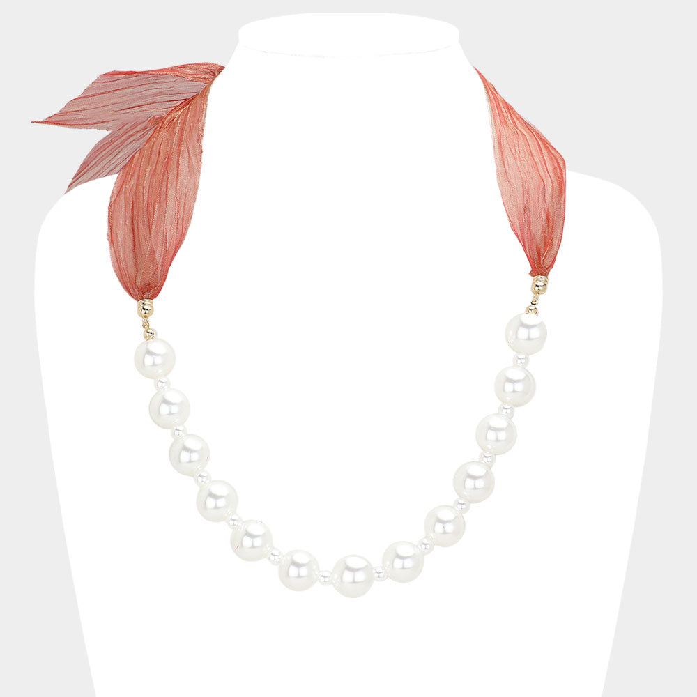 Madeline Love Orange, White Ribbon Pearl Necklace - Necklaces