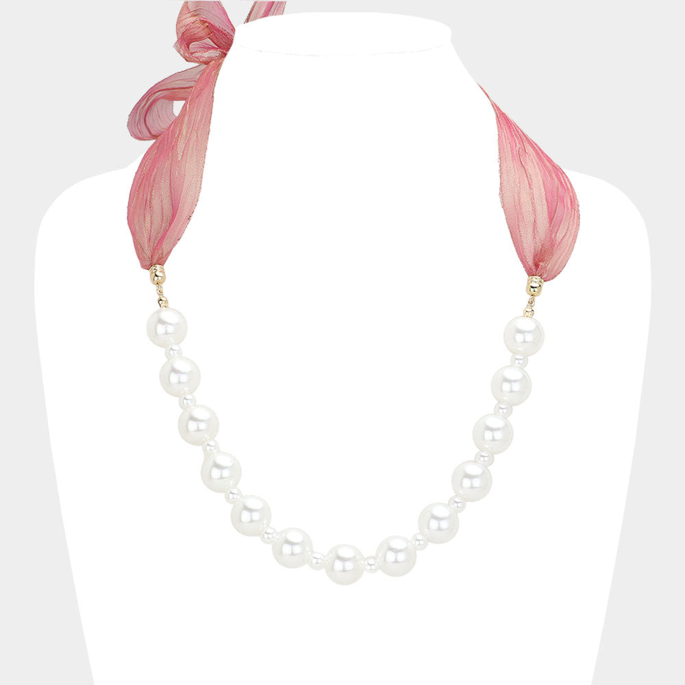 Madeline Love Pink, White Ribbon Pearl Necklace - Necklaces