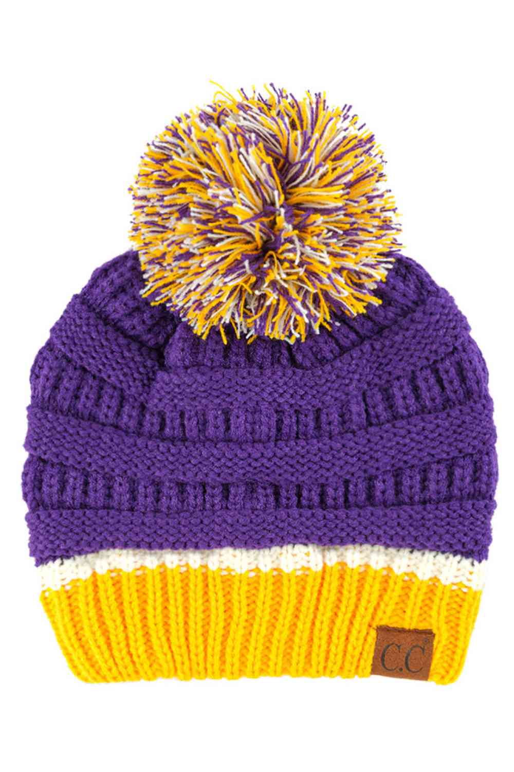 Purple Gold The C.C Team Color Ribbed Beanie combines style and comfort in one versatile piece. Crafted from 100% acrylic, this beanie features a classic ribbed knit design with a playful pom on top, making it perfect for staying warm during chilly days.