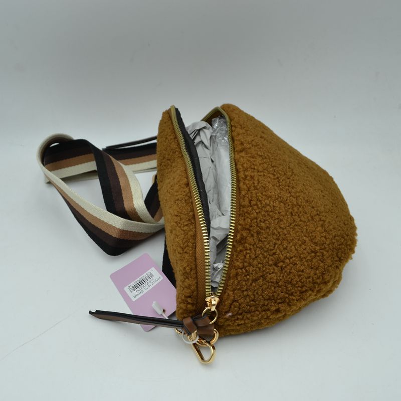 Textured Teddy Fleece Belt Bag with Adjustable Wide Strap - Pink - Crossbody Bags