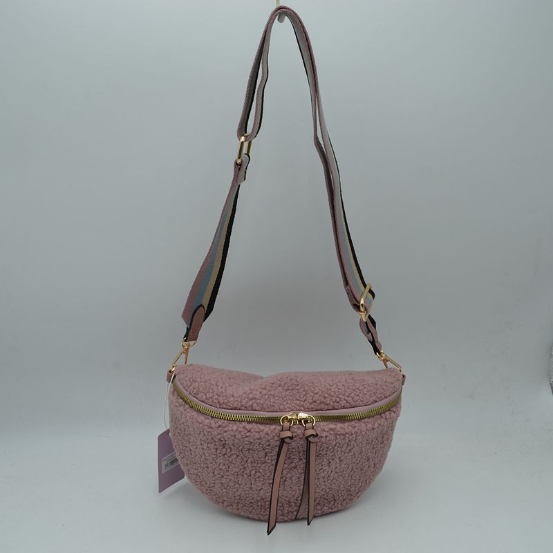 Textured Teddy Fleece Belt Bag with Adjustable Wide Strap - Pink - Crossbody Bags