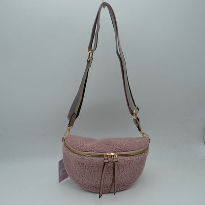 Textured Teddy Fleece Belt Bag with Adjustable Wide Strap - Pink - Crossbody Bags