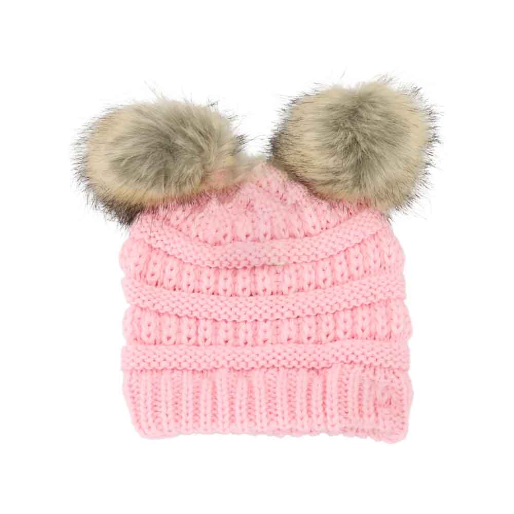 PalePink BABY Solid Ribbed Faux Fur Double Pom C.C Beanie combines soft ribbed knit fabric with two plush faux fur pom-poms, delivering cozy warmth and playful style for little ones. Its stretchable design ensures a snug, comfortable fit, perfect for keeping babies warm during chilly days while adding an adorable touch to any outfit. Durable and easy to care for, this beanie is an expert choice for both function and fashion in children's cold-weather accessories. 