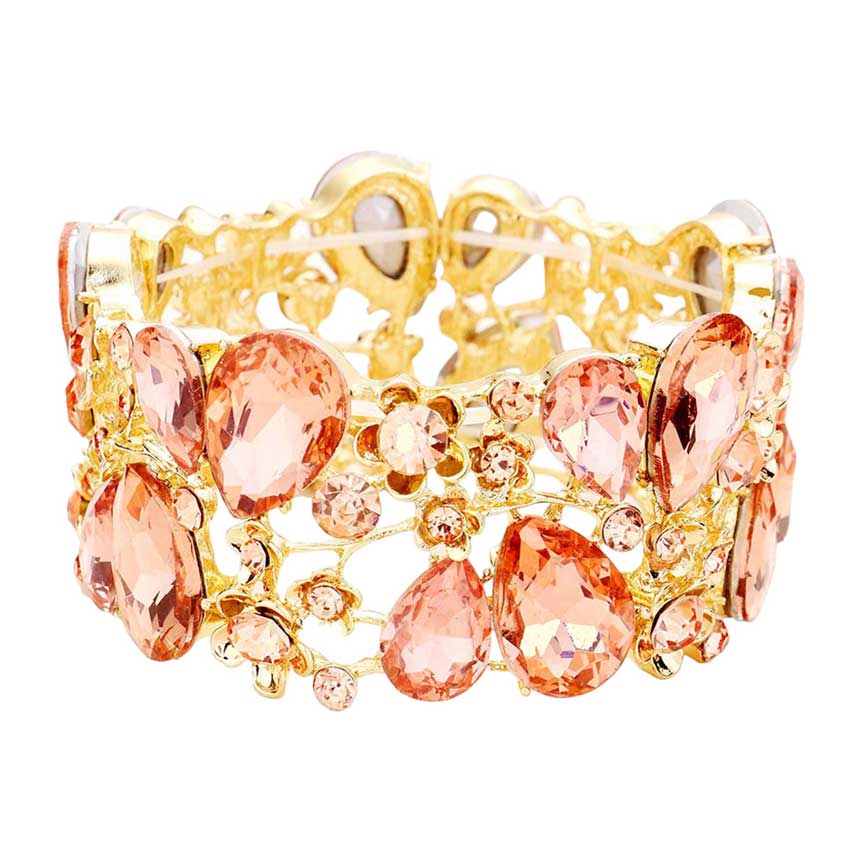 Peach Glass Crystal Teardrop Floral Stretch Evening Bracelet, this timeless evening bracelet is designed with stunning craftsmanship, featuring an intricate floral pattern on a crystal teardrop centerpiece. This is the perfect gift, especially for your friends, family, and the people you love and care about.