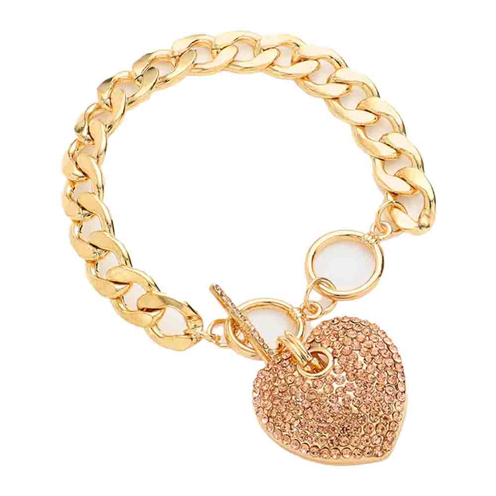 Peach Rhinestone Embellished Heart Charm Toggle Bracelet. Look like the ultimate fashionista with these bracelets! Add something special to your outfit this Valentine! Perfect Birthday Gift, Anniversary Gift, Mother's Day Gift, Anniversary Gift, Graduation Gift, Prom Jewelry, Valentine's Day Gift, Thank you Gift.