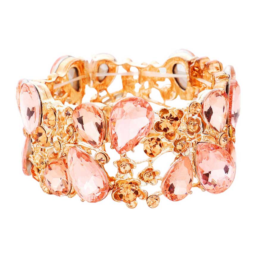 Peach Rose Gold Glass Crystal Teardrop Floral Stretch Evening Bracelet, this timeless evening bracelet is designed with stunning craftsmanship, featuring an intricate floral pattern on a crystal teardrop centerpiece. This is the perfect gift, especially for your friends, family, and the people you love and care about.
