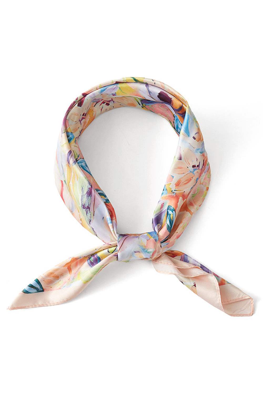 Peach Brighten your summer style with this vibrant multi-color bandana scarf featuring delicate floral patterns and decorative edge detailing. Crafted from lightweight 100% polyester, it's perfect for warm weather wear tie it around your neck, head, or wrist for effortless versatility. The generous 27.5" x 27.5" square cut offers plenty of styling options. Easy to care for and designed for comfort, this colorful accessory adds a playful pop to any casual outfit.