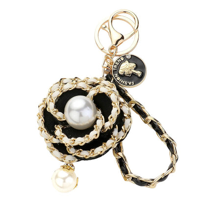 Pearl Pointed Faux Leather Braided Deco Flower Bag Charm - Black Gold - Keychains
