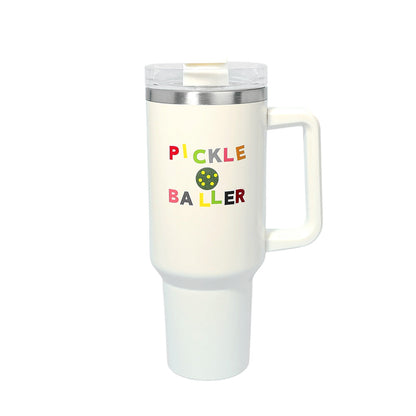 White Pickle Baller Printed 40oz Stainless Steel Tumbler with Handle is the ideal accessory for pickleball players on the go. This tumbler features a message specific to the sport, printed on high-quality stainless steel to keep your drinks at the perfect temperature. With a convenient handle, you can easily take this tumbler with you to the court or on any adventure. Stay hydrated and show off your love for pickleball with this must-have item. 