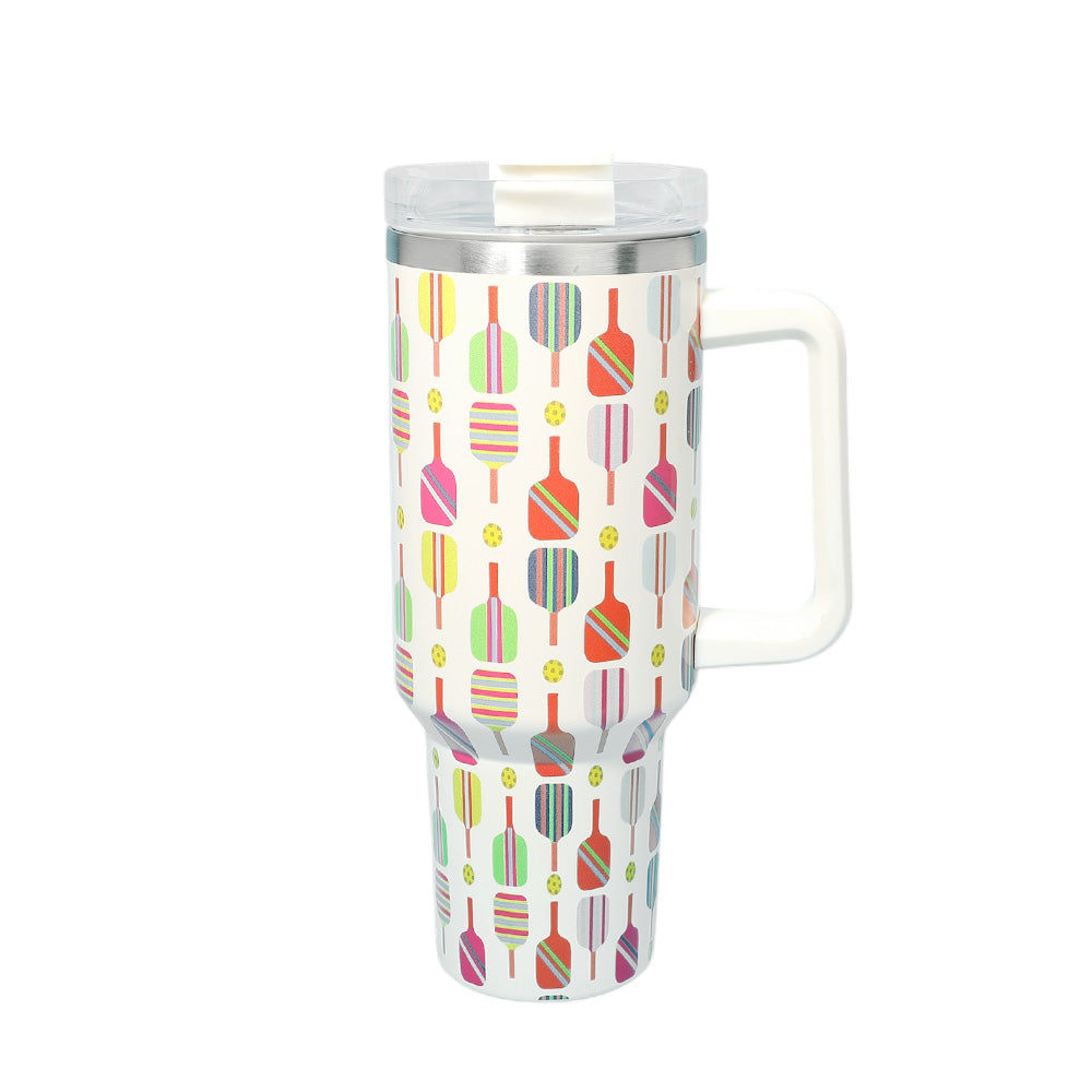 White Pickleball Paddle Pattern Printed 40oz Stainless Steel Tumbler with Handle features a fun pickleball paddle pattern, keeping you energized and hydrated on the court. The sturdy handle provides easy portability for your active lifestyle. Stay refreshed and stylish with this durable tumbler, perfect for all your adventures.