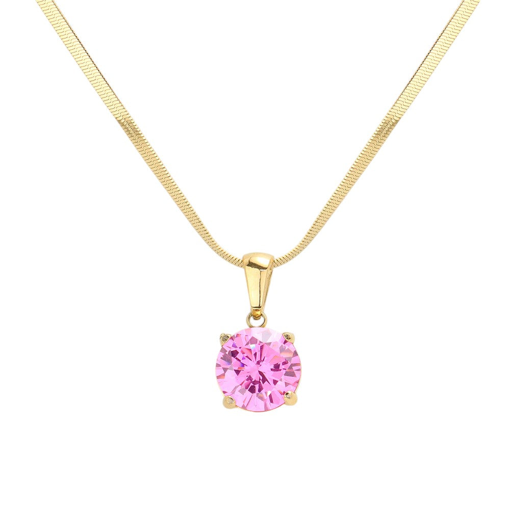 Pink 18K Gold Dipped Stainless Steel CZ Round Pendant Necklace exudes elegance and durability. The high-quality material ensures long-lasting wear, while the stunning CZ round pendant adds a touch of glamour. Its timeless design makes it a versatile addition to any jewelry collection. Perfect for any occasion. 